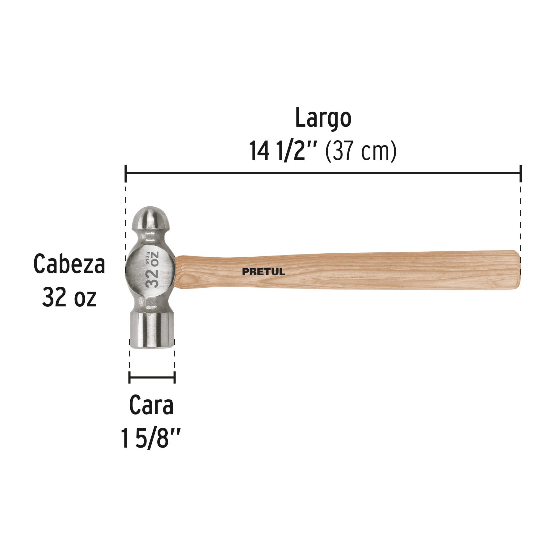 Martillo Pulido De Bola 32 Oz Mango Madera, Pretul, Herramientas, 22660